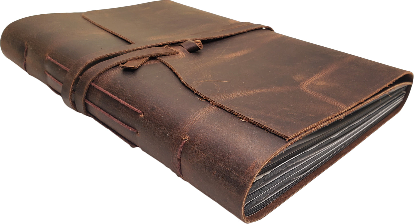 Large Vintage Leather Photo Album with Black Pages - Holds 100 4x6 or 5x7 Photos - 9x12"