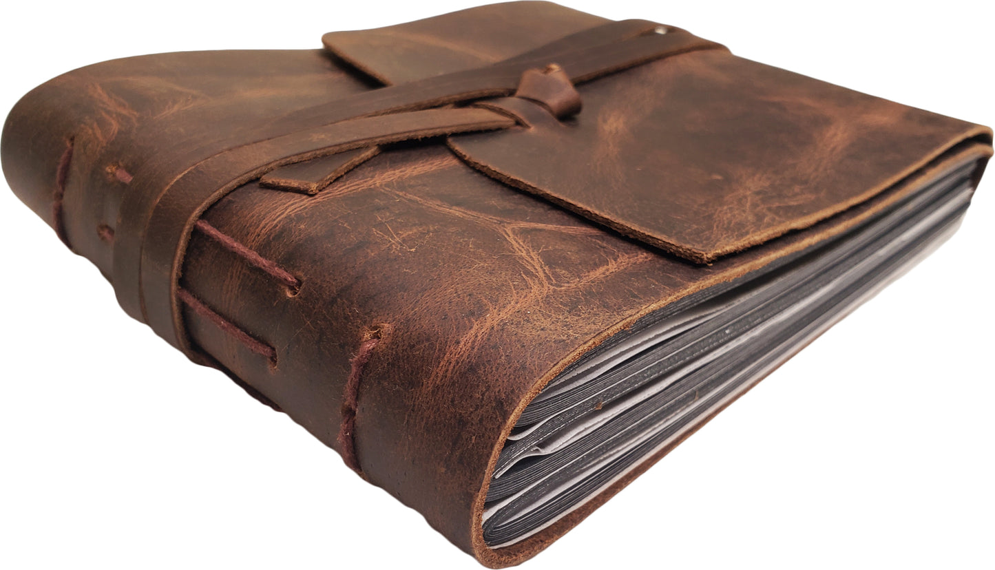 Small Vintage Leather Photo Album with Black Pages - Holds 50 4x6 or 5x7 Photos - 6x8"